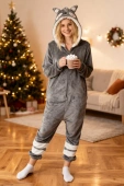 Ciepły kombinezon welurowy z haftowanym kapturem BORSUK, szary