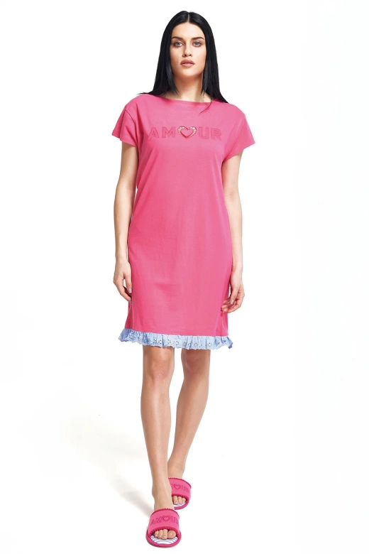 Koszula nocna w paski z koronkową falbanką Oxksana, różowa