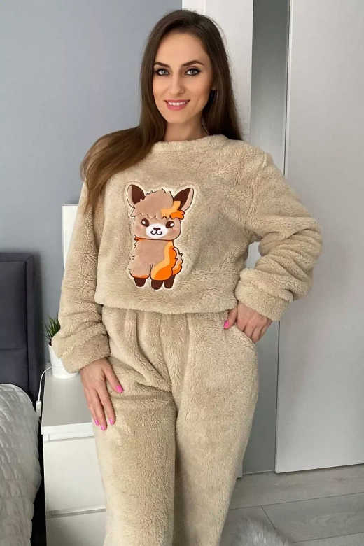 Ciepła miękka damska piżama z polaru soft słodka LAMA, beż