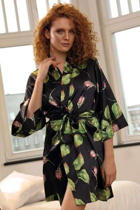 Satynowy szlafrok w kwiaty FLOWERS P008, czarno-zielony