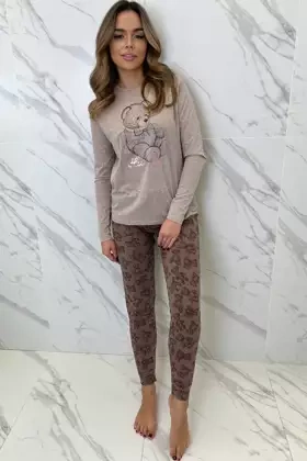 Piżama damska Lily z uroczym misiem, beżowa
