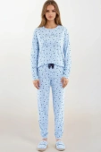 Miękka piżama damska z metalicznym napisem i kokardką DENISA, błękitna