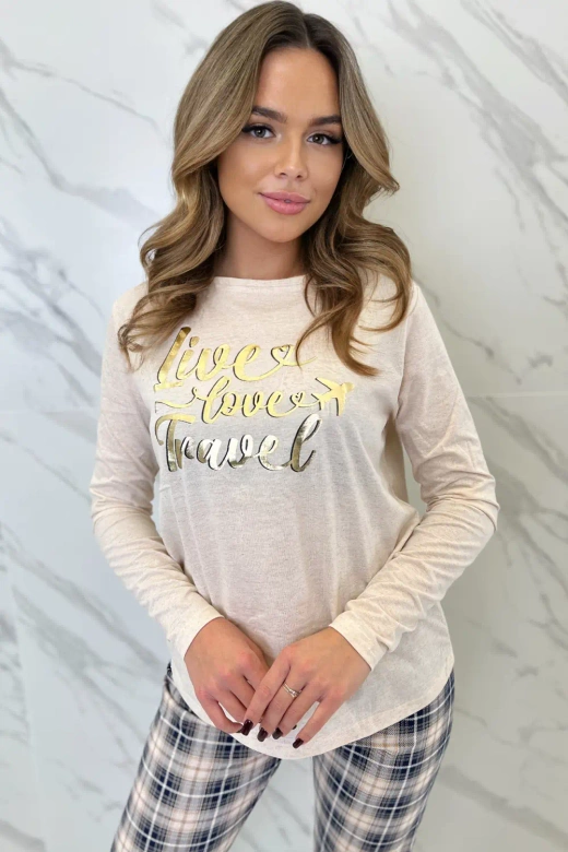 Piżama Bessy z aplikacją i spodniami w kratę, beż