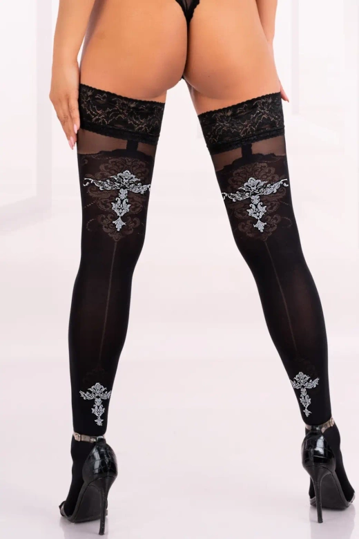 Samonośne kryjące pończochy 40DEN z wzorem LAIDA czarne