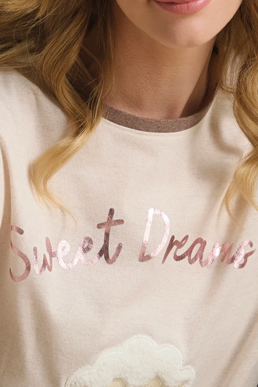 Piżama damska z pluszową owieczką i napisem DEBORAH, beżowa