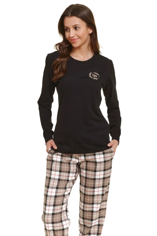 Bawełniana piżama damska długa w kratę PM.5202, czarna