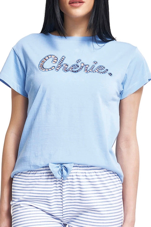 Bawełniana piżama długa damska z ażurowym haftem i paskami Juliana, niebieska