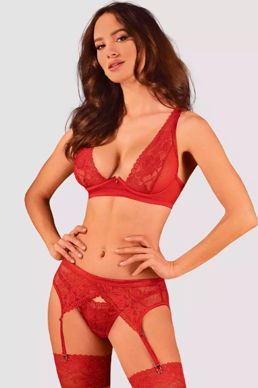 Komplet koronkowej bielizny LACELOVE SET 3części, red