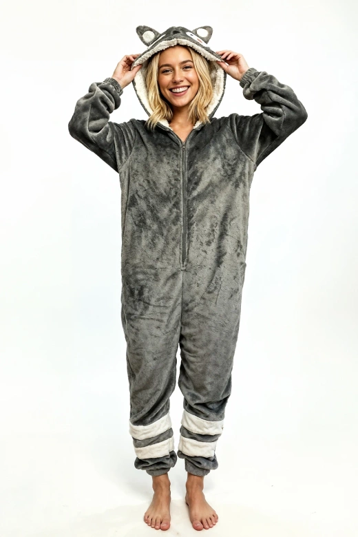 Ciepły kombinezon welurowy z haftowanym kapturem BORSUK, szary