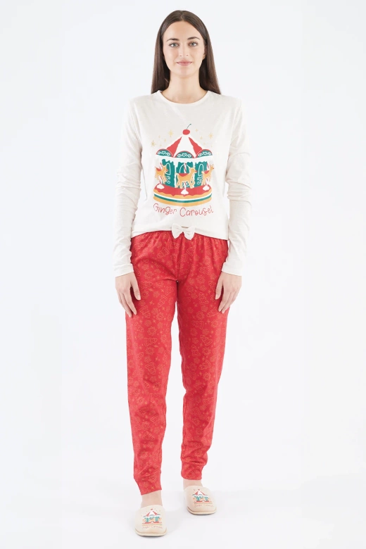 Świąteczna piżama z nadrukiem piernikowej karuzeli GRETEL, beżowa