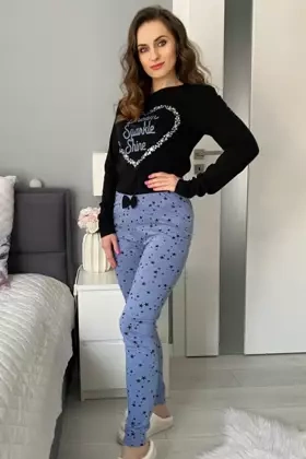 Bawełniana Długa Piżama Damska GIRLY w gwiazdy, czarna