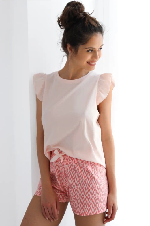 Krótka bawełniana piżama damska VITTORIA falbanki, morela