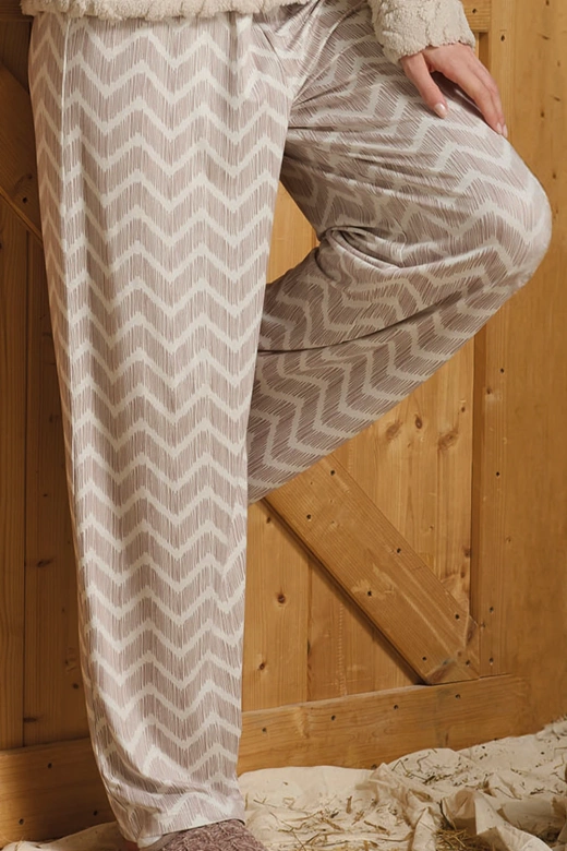 Ciepła piżama damska z pluszową bluzą i spodniami palazzo SOFIE, beżowa