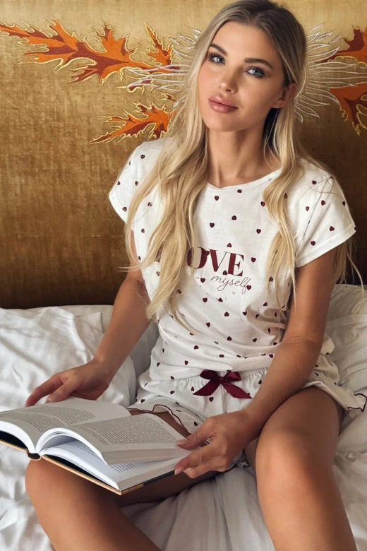 Piżama damska krótka bawełna w serca VALENTINA, biały