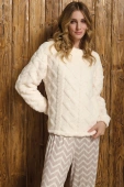 Ciepła piżama damska z pluszową bluzą i spodniami palazzo SOFIE, kremowa