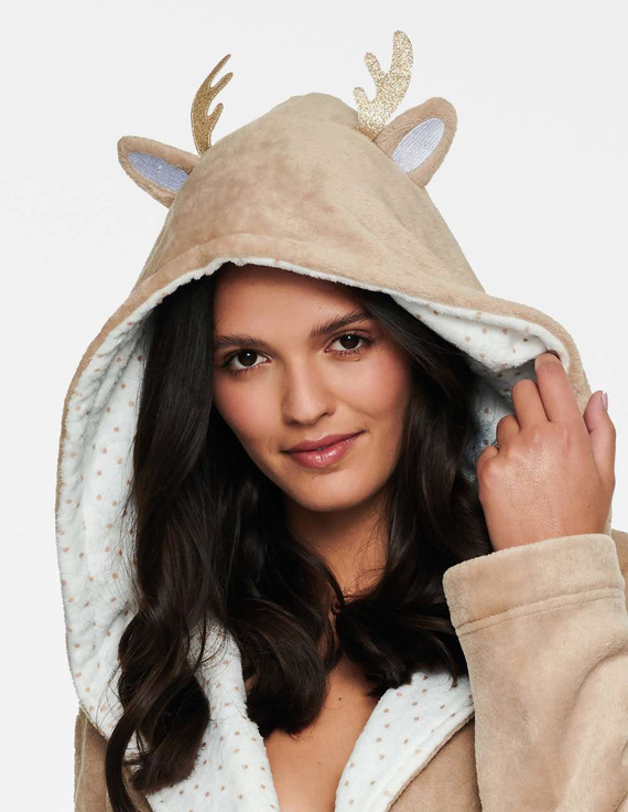 Ciepły pluszowy szlafrok damski HOOKY kaptur różki, beż