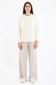 Ciepła piżama damska z pluszową bluzą i spodniami palazzo SOFIE, kremowa