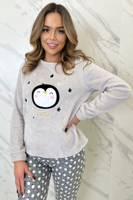 Ciepła piżama damska z pingwinem ADELIE, szary jasny
