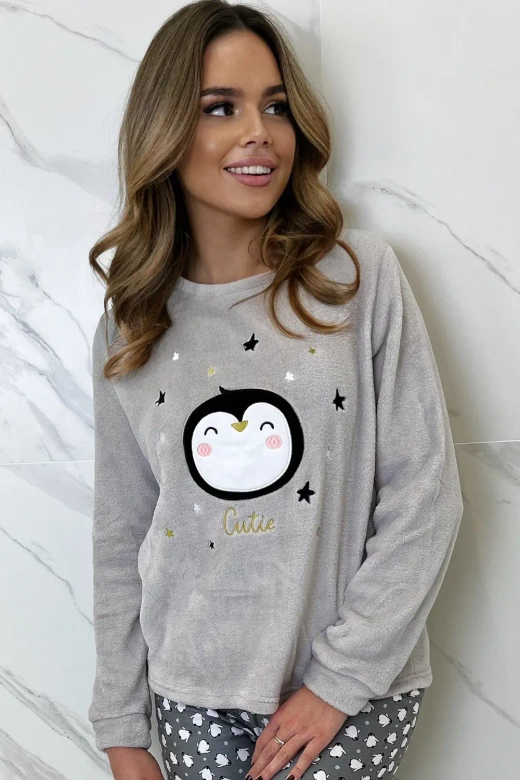 Ciepła piżama damska z pingwinem ADELIE, szary jasny