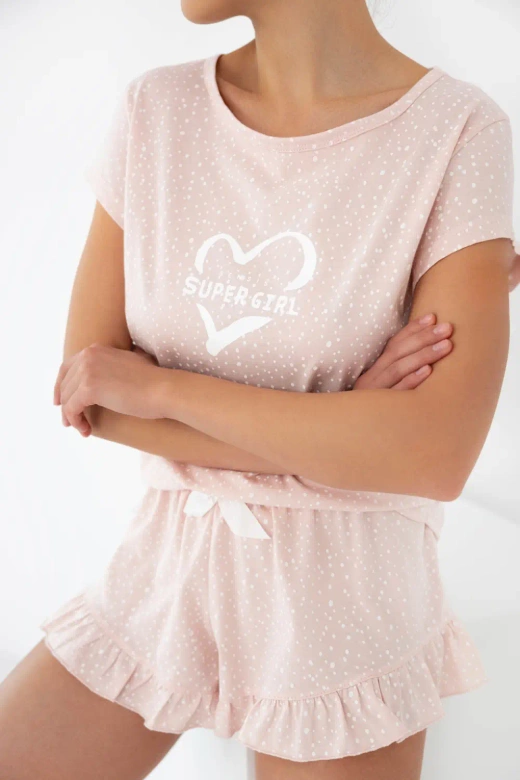 Krótka piżama damska z bawełny Super Girl, różowa