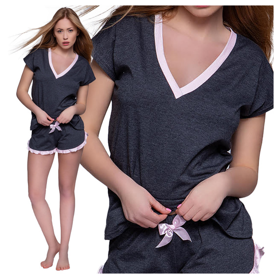 Krótka bawełniana piżamka z kokardką NADIA, grafit