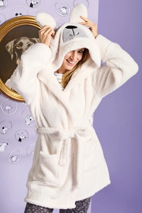 Puszysty ciepły szlafrok damski z kapturem i uszkami IGRID, biały