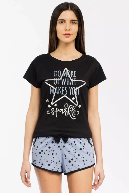 Urocza bawełniana piżama damska w gwiazdki CHAOS, czarna
