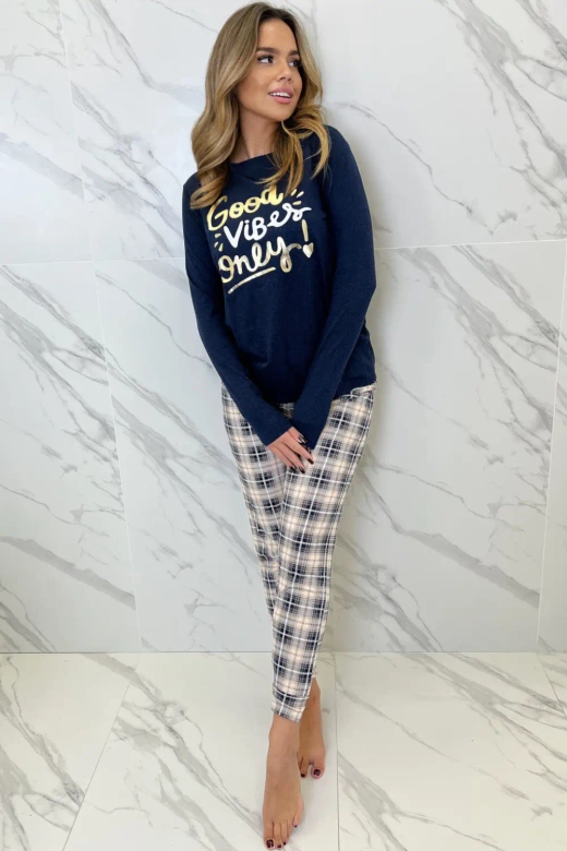 Piżama Bessy z aplikacją i spodniami w kratę, granat