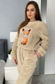 Ciepła miękka damska piżama z polaru soft słodka LAMA, beż