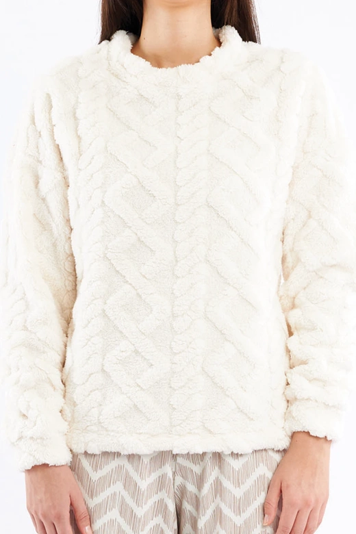 Ciepła piżama damska z pluszową bluzą i spodniami palazzo SOFIE, kremowa