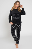 Ciepła miękka polarowa piżama damska z kotkiem FULVIA, czarna