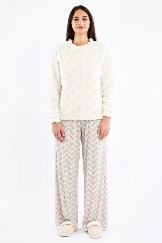 Ciepła piżama damska z pluszową bluzą i spodniami palazzo SOFIE, kremowa
