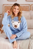 Ciepła Długa Miękka Piżama Damska z Misiem 5268, niebieska