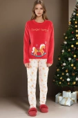 Ciepła polarowa piżama damska z konikiem i napisem MEDDY, czerwona