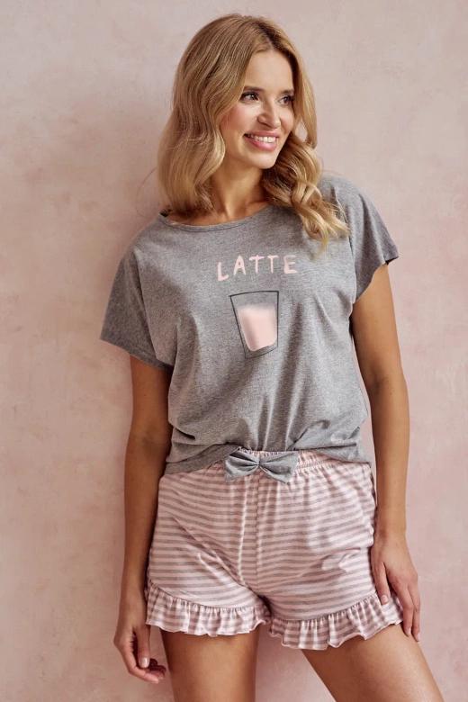 Piżama damska krótka bawełniana z kawą Frankie 3126, szara