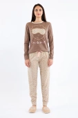 Piżama damska z nadrukiem owcy i wzorzystymi spodniami DEBORAH, brązowa
