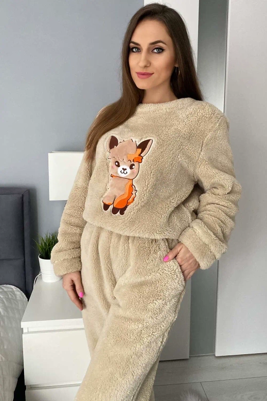 Ciepła miękka damska piżama z polaru soft słodka LAMA, beż