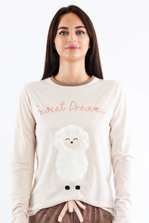 Piżama damska z pluszową owieczką i napisem DEBORAH, beżowa