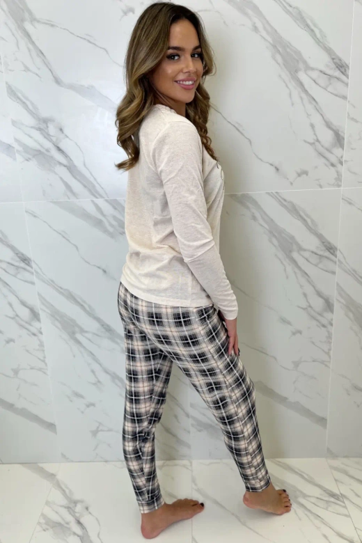 Piżama Bessy z aplikacją i spodniami w kratę, beż