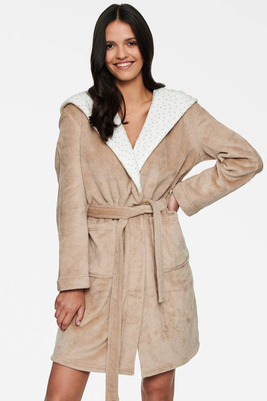 Ciepły pluszowy szlafrok damski HOOKY kaptur różki, beż