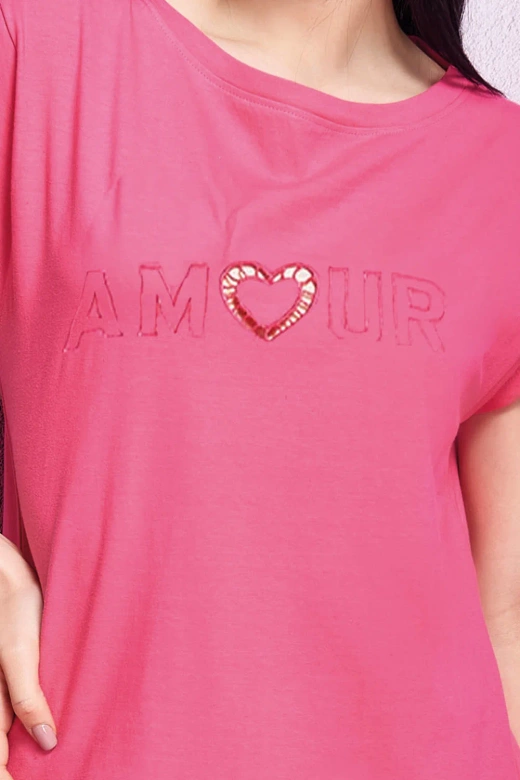 Koszula nocna w paski z koronkową falbanką Oxksana, różowa