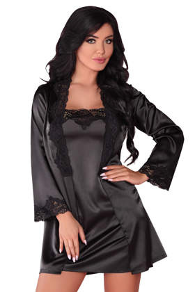 KOMPLET 3 części: satynowy szlafrok+ koszulka+ stringi JACQUELIN black