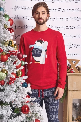 Męska świąteczna piżama z zimowym nadrukiem ALBANO, czerwona