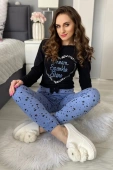 Bawełniana Długa Piżama Damska GIRLY w gwiazdy, czarna