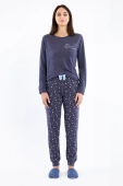 Miękka piżama damska z metalicznym napisem i kokardką DENISA, granatowa