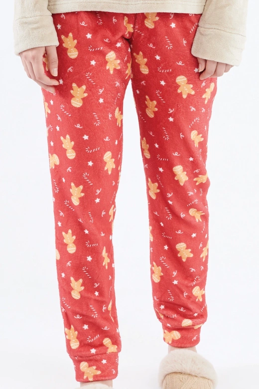 Ciepła polarowa piżama damska z piernikiem i napisem MEDDY, beżowa