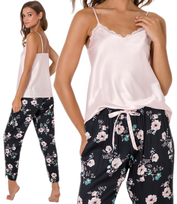 Długa piżama damska PERRI LONG w kwiaty, róż