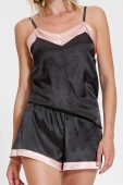 Satynowa piżama damska z różową lamówką D492, czarna