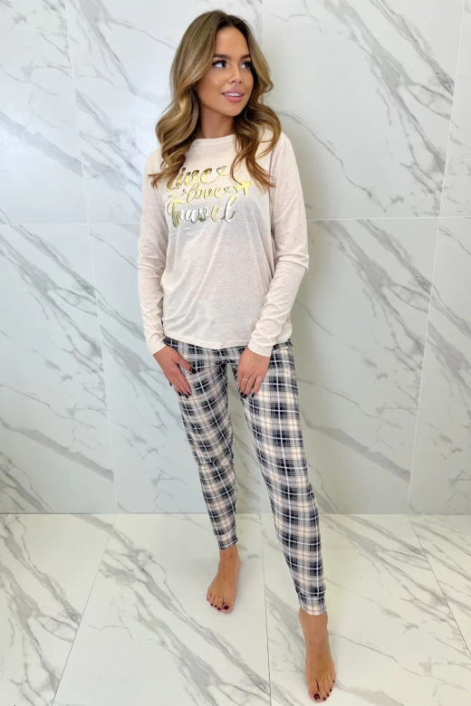 Piżama Bessy z aplikacją i spodniami w kratę, beż