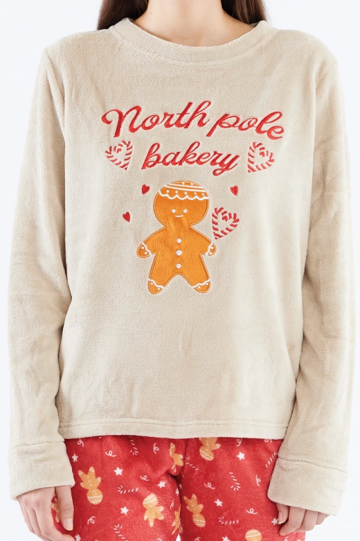 Ciepła polarowa piżama damska z piernikiem i napisem MEDDY, beżowa